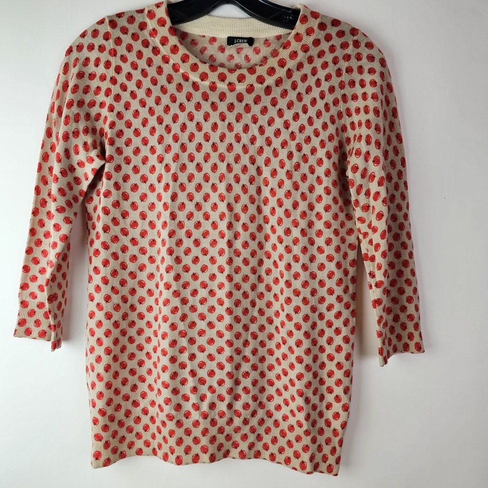 J Crew Apples Red Beige Sweater Womens XS Merino‎ Wool Crew Neck Teacher Preppy